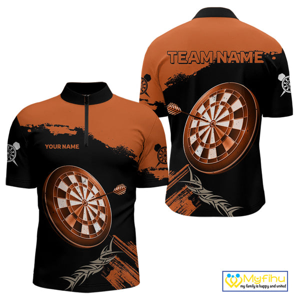 Custom Black And Orange Tribal Dart Quarter-Zip Team Shirts For Men, Orange Dart Jerseys NYN0052