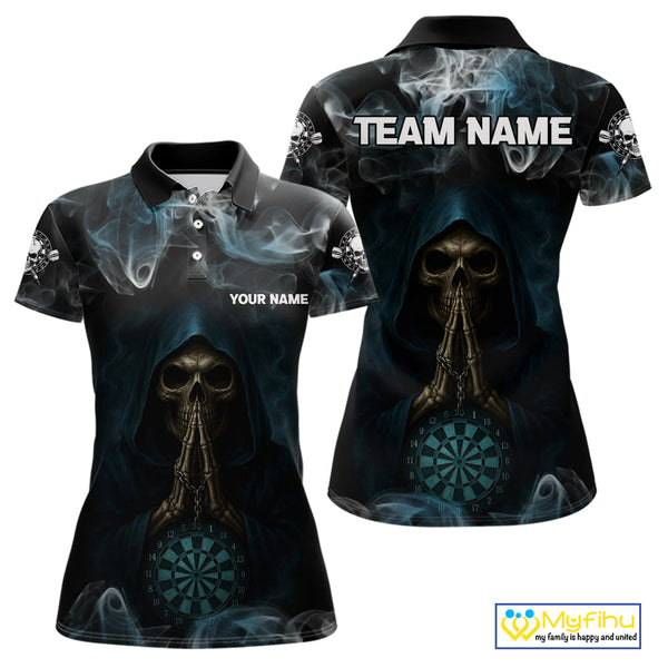 Custom Black And Blue Smoke Grim Reaper Skull Dart Women Polo Shirt, Halloween Dart Outfit NYN0390
