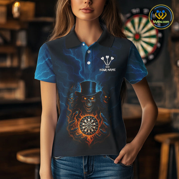 Custom Blue Thunder Lightning Flame Skull Dart Team Women Polo Shirts, Halloween Outfit NYN0392