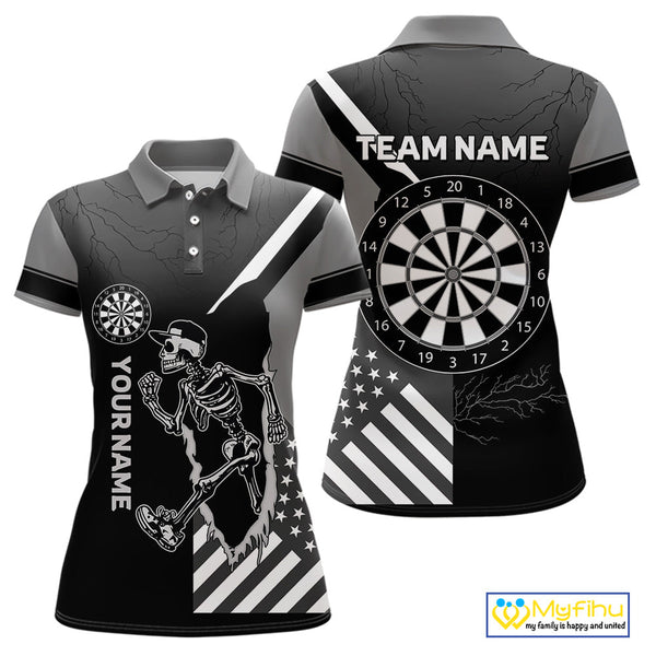 Custom Funny Black And White Skeleton Patriotic Dart Women Polo Shirts, Halloween Outfit NYN0055