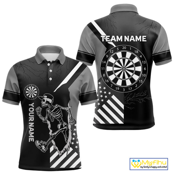 Custom Funny Black And White Skeleton Patriotic Dart Team Men Polo Shirts, Halloween Outfit NYN0055