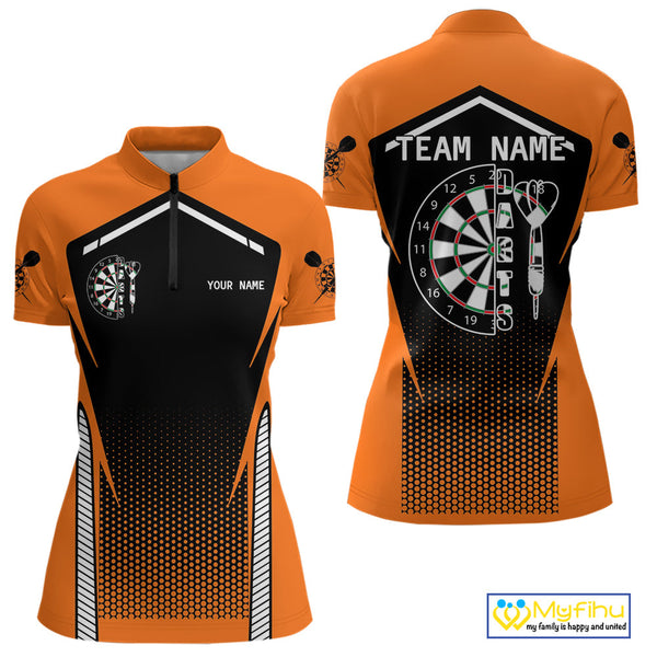 Custom Black And Orange Dart Jerseys, Dart Team Women Quarter-Zip Shirt, Dart League Shirt NYN0059