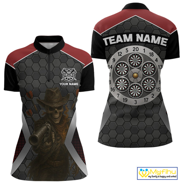 Custom Skul Cowboy Dart Quarter-Zip Shirts For Women, Dart Tournament Shirt NYN0400