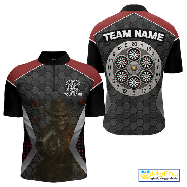 Custom Skul Cowboy Dart Quarter-Zip Shirts For Men, Dart Tournament Shirt NYN0400