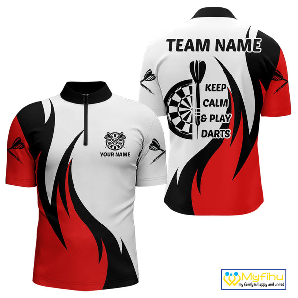 Custom Red Flame Darts Men Quarter-Zip Shirts Sayings Keep Calm And Play Dart, Funny Dart Shirt NYN0061