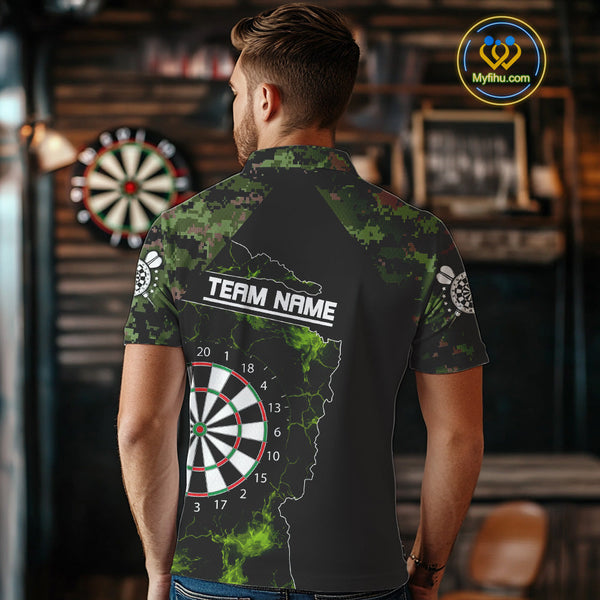 Custom Green Camouflage Darts Team Men Polo Shirts, Green Camo Dart League Shirt NYN0063