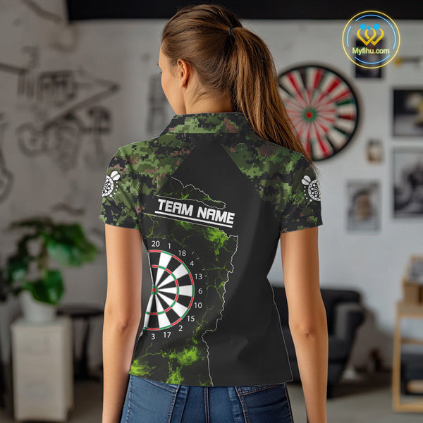 Custom Green Camouflage Darts Team Women Polo Shirts, Green Camo Dart League Shirt NYN0063