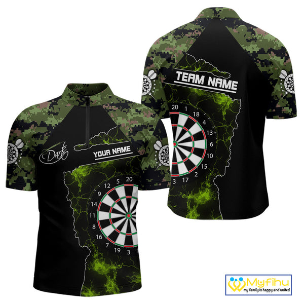 Custom Green Camouflage Darts Team Men Quarter-Zip Shirts, Green Camo Dart League Shirt NYN0063