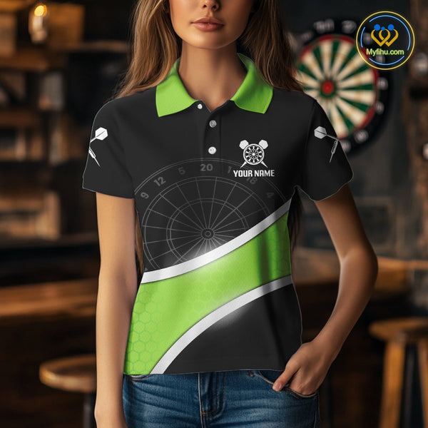 Custom Black And Irish Green Dart Team Uniform, Dart Tournament Polo Shirt For Women NYN0412