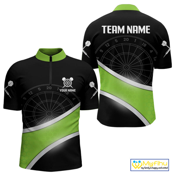 Custom Black And Irish Green Dart Team Uniform, Dart Tournament Quarter-Zip Shirt For Men NYN0412