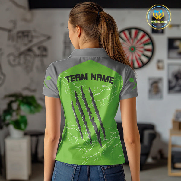 Custom Gray And Green Thunder Lightning Claw Marks Dart Team Women Polo Shirts NYN0419