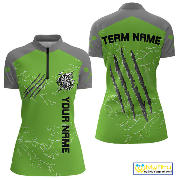 Custom Gray And Green Thunder Lightning Claw Marks Dart Team Women Quarter-Zip Shirts NYN0419
