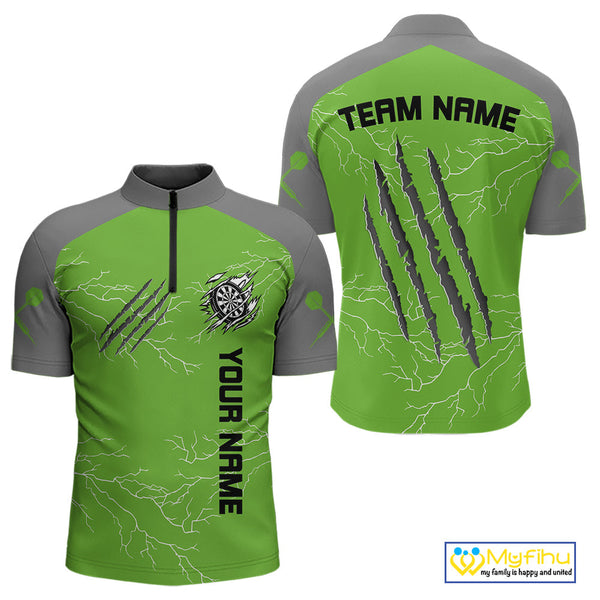 Custom Gray And Green Thunder Lightning Claw Marks Dart Team Men Quarter-Zip Shirts NYN0419