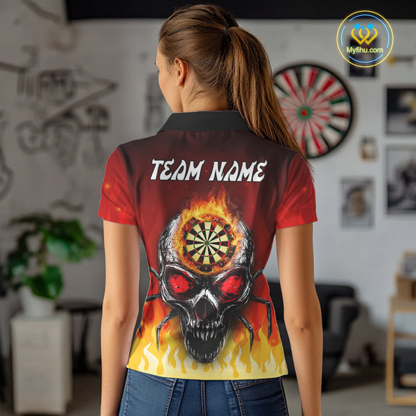 Custom Fire Flame Skull Dartboard Dart Polo Shirts For Women, Halloween Dart Team Outfit NYN0227