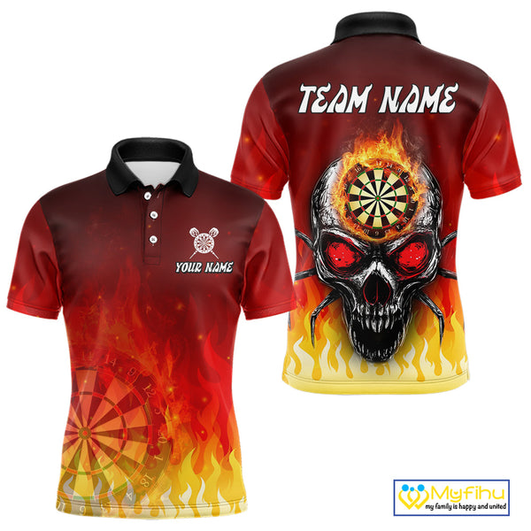 Custom Fire Flame Skull Dartboard Dart Polo Shirts For Men, Halloween Dart Team Outfit NYN0227