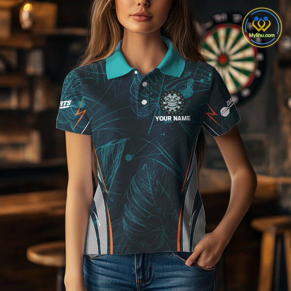 Custom Green Tropical Leaf Pattern Tiki Grinning Dart Polo Shirt For Women NYN0433