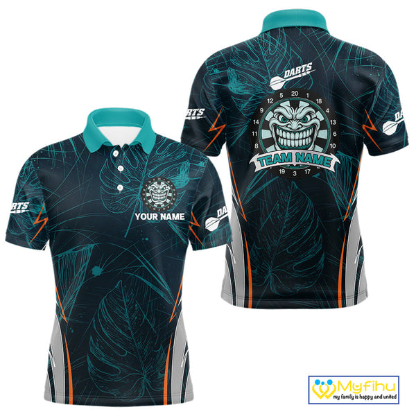 Custom Green Tropical Leaf Pattern Tiki Grinning Dart Polo Shirt For Men NYN0433