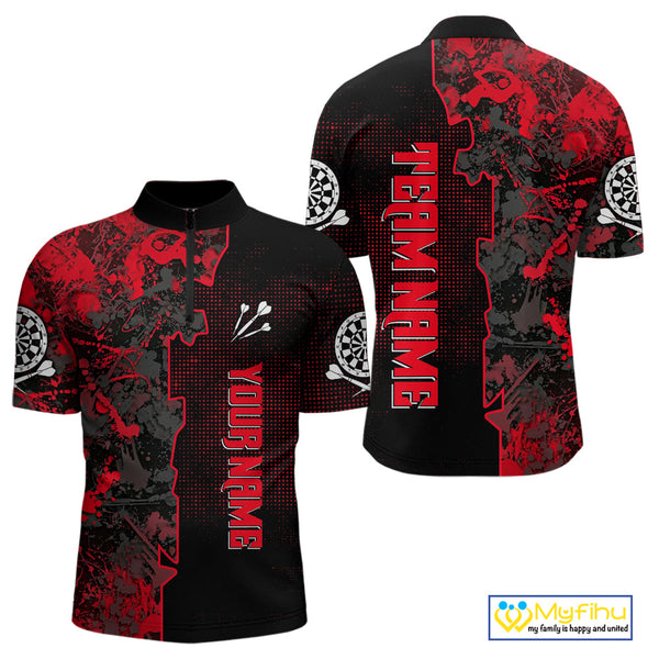 Custom Black And Red Camouflage Dart Team Jerseys, Red Camo Dart Men Quarter-Zip Shirts NYN0066
