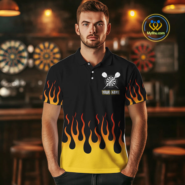 Custom Yellow Flame Skull Darts Polo Shirts For Men, Halloween Dart League Shirt NYN0068
