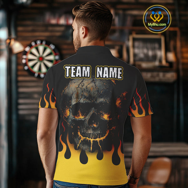 Custom Yellow Flame Skull Darts Polo Shirts For Men, Halloween Dart League Shirt NYN0068