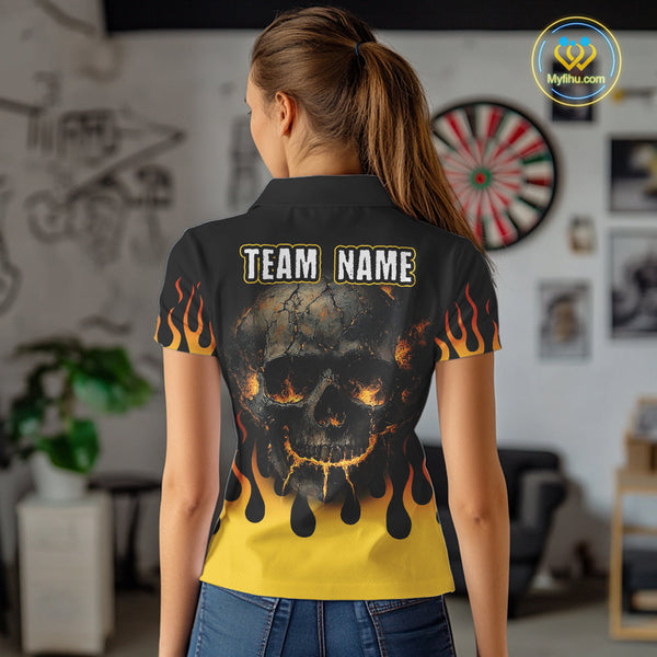 Custom Yellow Flame Skull Darts Polo Shirts For Women, Halloween Dart League Shirt NYN0068