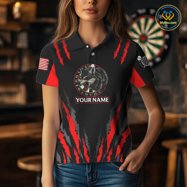 Custom Black And Red Wolf Darts Polo Shirts For Women, Dart Tournament Team Shirt NYN0073
