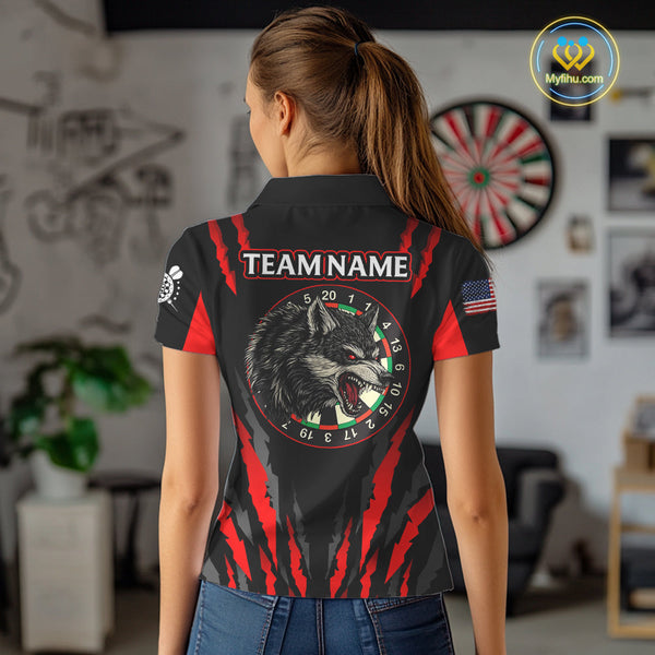 Custom Black And Red Wolf Darts Polo Shirts For Women, Dart Tournament Team Shirt NYN0073