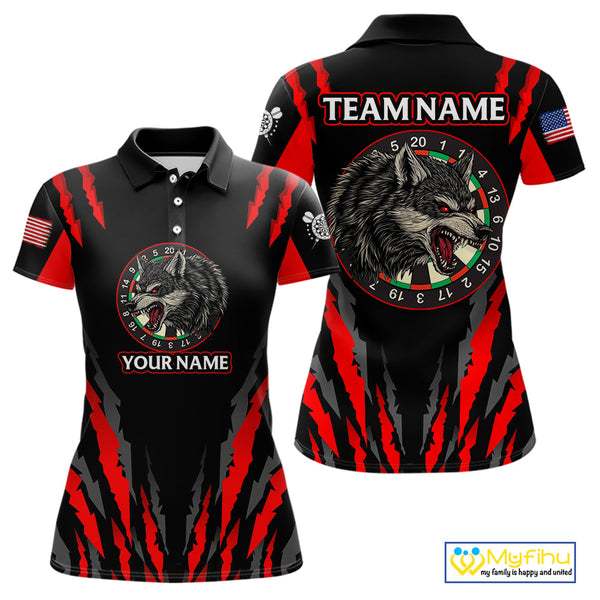 Custom Black And Red Wolf Darts Polo Shirts For Women, Dart Tournament Team Shirt NYN0073