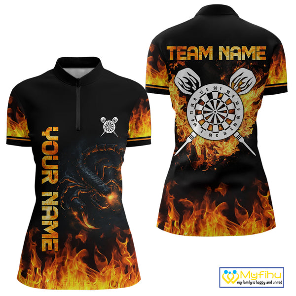 Custom Fire Flame Scorpion Dart Team Women Quarter-Zip Shirt, Dart League Shirt NYN0075