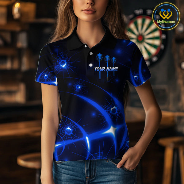 Custom Black And Blue Shattered Glass Dart Polo Shirts For Women, Dart Jerseys NYN0718