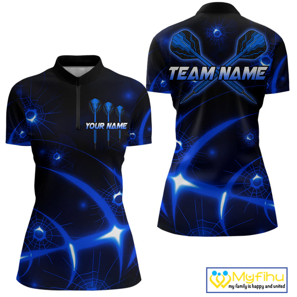 Custom Black And Blue Shattered Glass Dart Quarter-Zip Shirts For Women, Dart Jerseys NYN0718