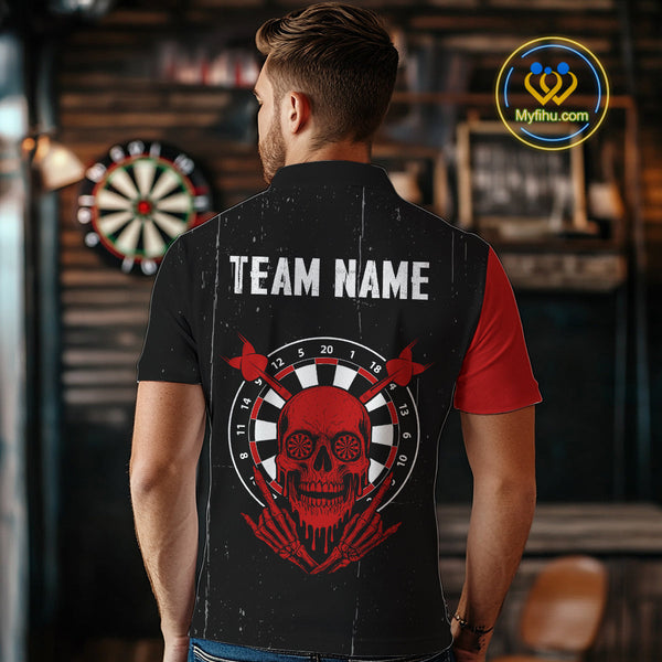 Custom Grunge Black And Red Skull Dart Team Polo Shirts For Men, Halloween Dart Outfit NYN0116