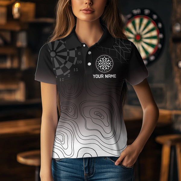 Custom Black And White Camo Bullseye Dart Team Women Polo Shirts, Dart Jerseys NYN0249