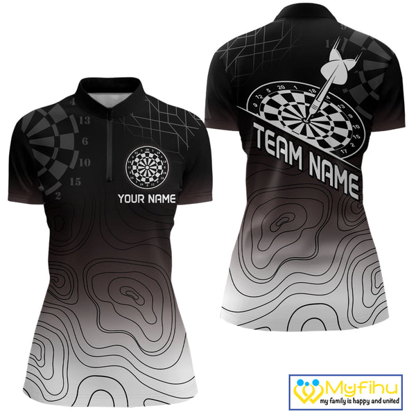 Custom Black And White Camo Bullseye Dart Team Women Quarter-Zip Shirts, Dart Jerseys NYN0249