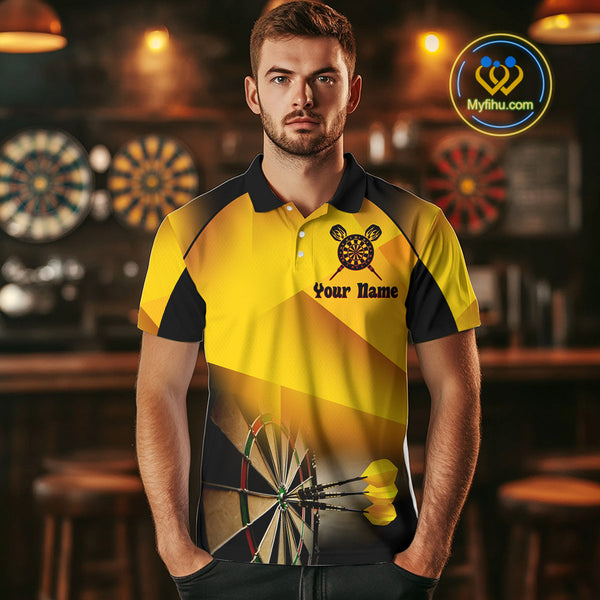 Custom Black And Gold Flame Skull Dart Team Men Polo Shirts, Halloween Dart Outfit NYN0256