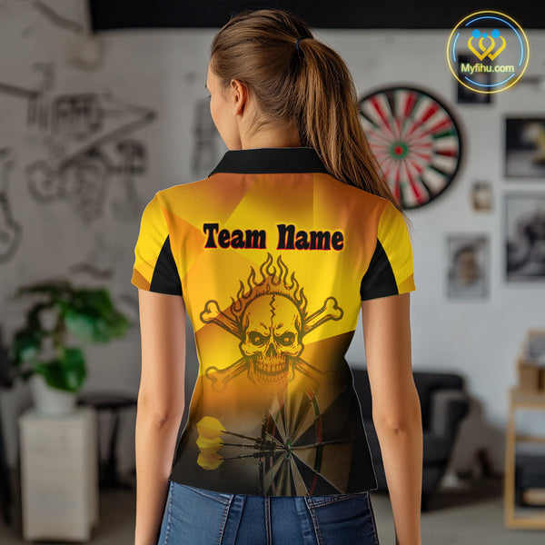 Custom Black And Gold Flame Skull Dart Team Women Polo Shirts, Halloween Dart Outfit NYN0256