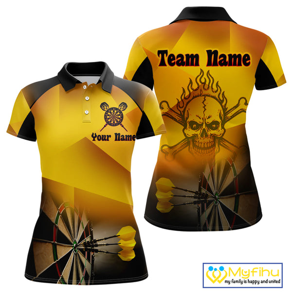 Custom Black And Gold Flame Skull Dart Team Women Polo Shirts, Halloween Dart Outfit NYN0256