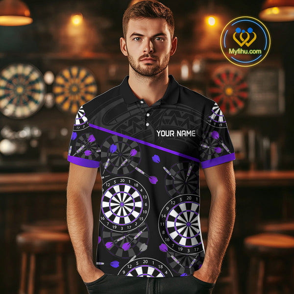 Custom Black And Purple Tribal Dart Team Polo Shirts For Men, Dart Legue Shirt NYN0264