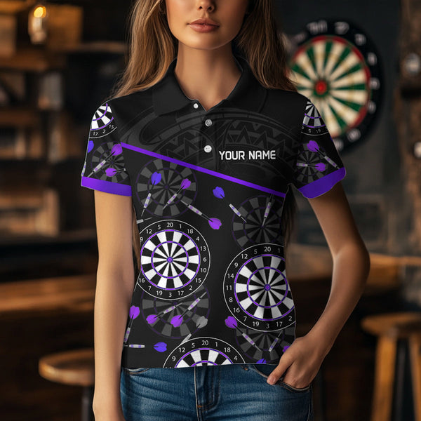 Custom Black And Purple Tribal Dart Team Polo Shirts For Women, Dart Legue Shirt NYN0264