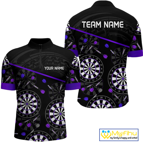 Custom Black And Purple Tribal Dart Team Quarter-Zip Shirts For Men, Dart Legue Shirt NYN0264