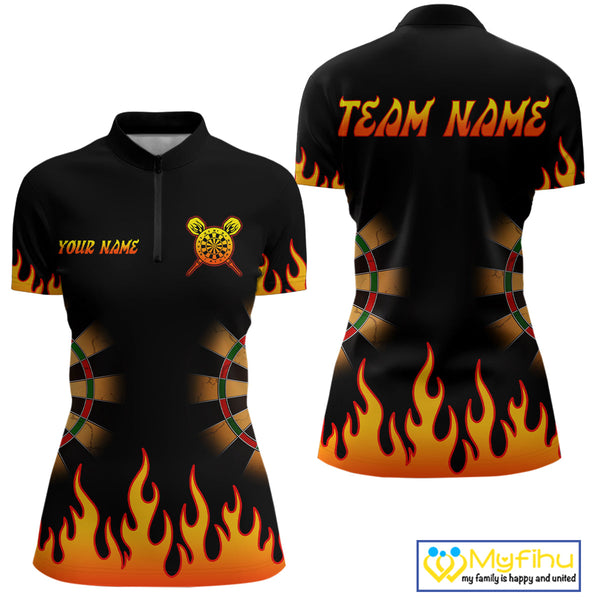 Custom Fire Flame Dartboard Dart Quarter-Zip Shirts For Women With Team Name, Dart Gifts NYN0265