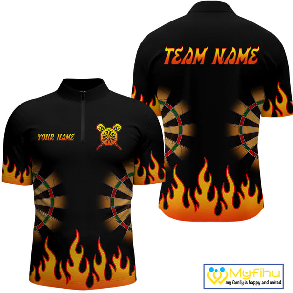 Custom Fire Flame Dartboard Dart Quarter-Zip Shirts For Men With Team Name, Dart Gifts NYN0265