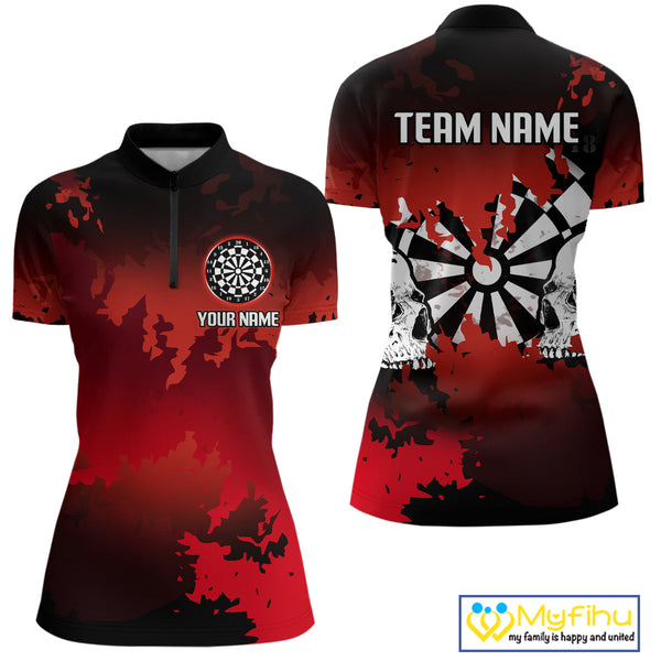 Custom Black And Red Dart Jerseys, Halloween Dart Team Quarter-Zip Shirts For Women NYN0269