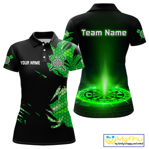 Custom Black And Green Dartboard Dart Polo Shirts For Women, Dart Team Uniform NYN0276