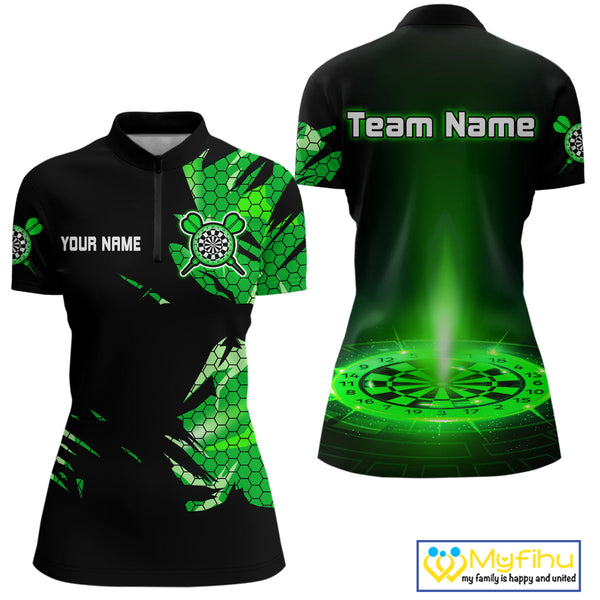 Custom Black And Green Dartboard Dart Quarter-Zip Shirts For Women, Dart Team Uniform NYN0276