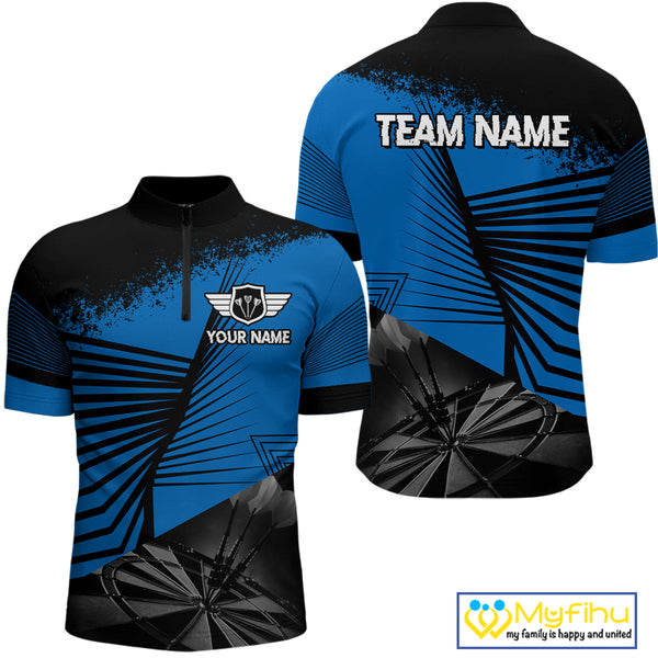 Custom Black And Blue Dart Jerseys, Dart Team Outfit Quarter-Zip Shirts For Men NYN0285