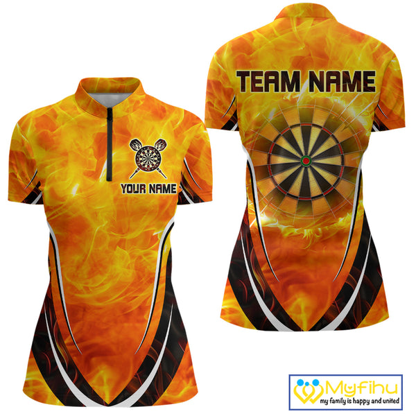 Custom Fire Flame Dartboard Dart Team Women Quarter-Zip Shirts, Dart League Shirt NYN0298