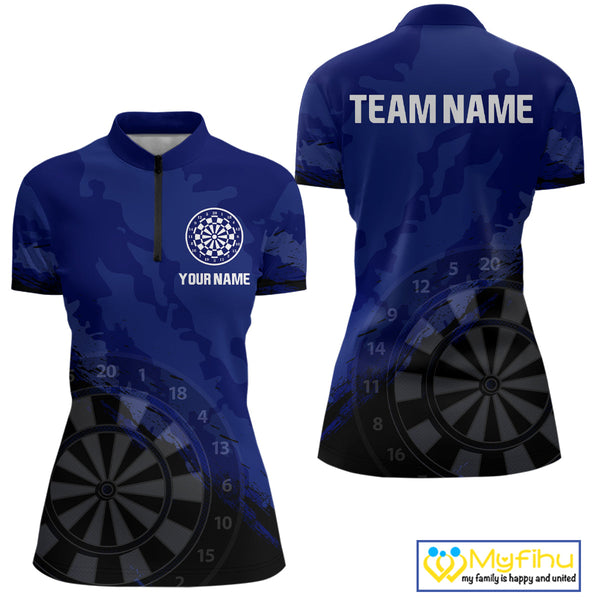 Custom Black And Blue Camo Dartboard Dart Women Quarter-Zip Shirt, Camouflage Dart Jerseys NYN0319