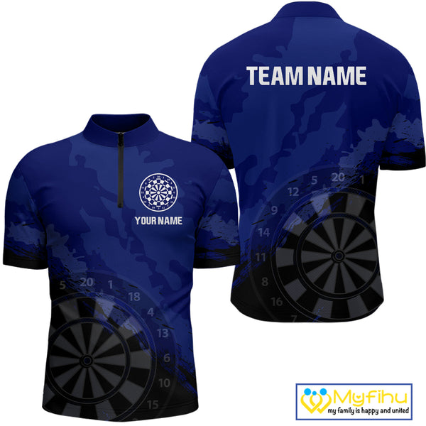 Custom Black And Blue Camo Dartboard Dart Team Men Quarter-Zip Shirts, Camouflage Dart Jerseys NYN0319