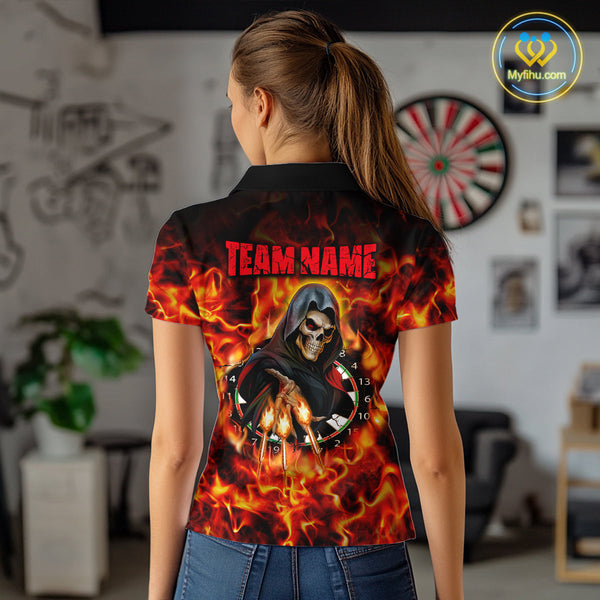 Custom Red Fire Flame Grim Reaper Dart Women Polo Shirt, Halloween Skull Dart Outfit NYN0585